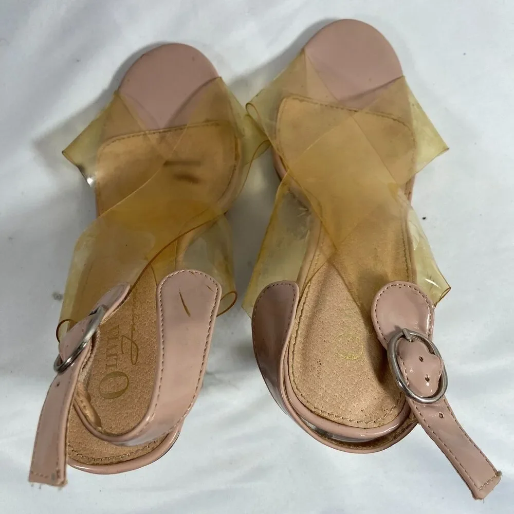 Qupid Womens 8 Nude Clear Strap Block Heel Sandals Pink Vinyl